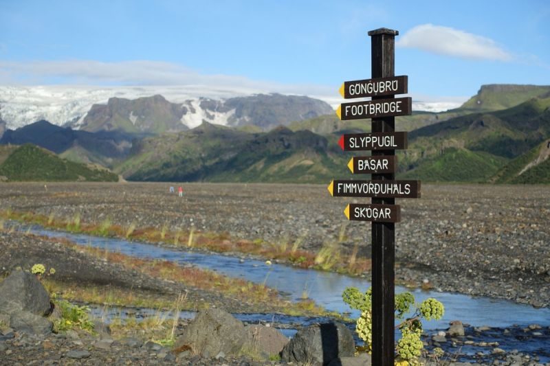 Wegweiser an der Krossa in Þórsmörk