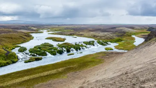 Die grüne Oase Fossabrekkur Erhöhte Panorama-Ansicht der Fossabrekkur-Wasserfälle in Island. Ein breiter Fluss teilt sich in mehrere Arme auf und stürzt über zahlreiche kleine, moosbewachsene Kaskaden. Die umliegende Hügellandschaft ist karg, und am Horizont hängen schwere Wolken über der Ebene.
