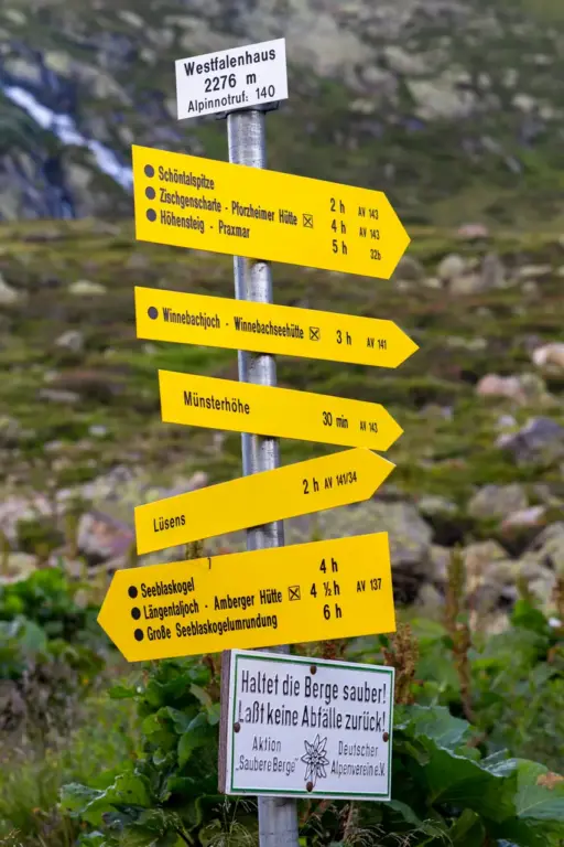 Wegweiser am Westfalenhaus gelbe Wegweiser am Westfalenhaus mit Schwierigkeits- und Zeitangaben