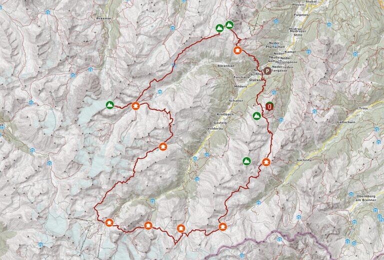 Karte und GPS-Track des Stubaier Höhenwegs Karte und GPS-Track des Stubaier Höhenwegs - mit Etappenzielen, Hütten und Gipfeln