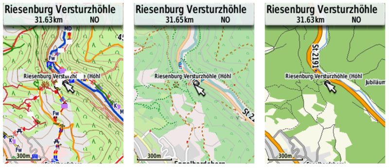 v.l.n.r: Reit- und Wanderkarte, Freizeitkarte Deutschland, Garmin TopoActive Europe West