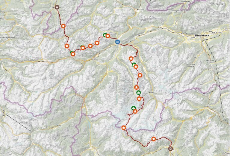 Karte und GPS-Track E5-Alternative Karte und GPS-Track der E5-Alternative mit Route, Hütten, Einkaufsmöglichkeiten, Gipfeln und Banhöfen für die An- und Rückreise