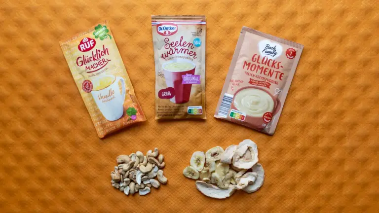 günstige Nachtisch-Ideen für Trekkingtouren Nachtisch-Ideen für Trekkingtouren: Seelenwärmer (Dr. Oetker), Glücklich-Macher (RUF) und Glücksmomente (Aldi); dazu Nüsse und Bananenchips