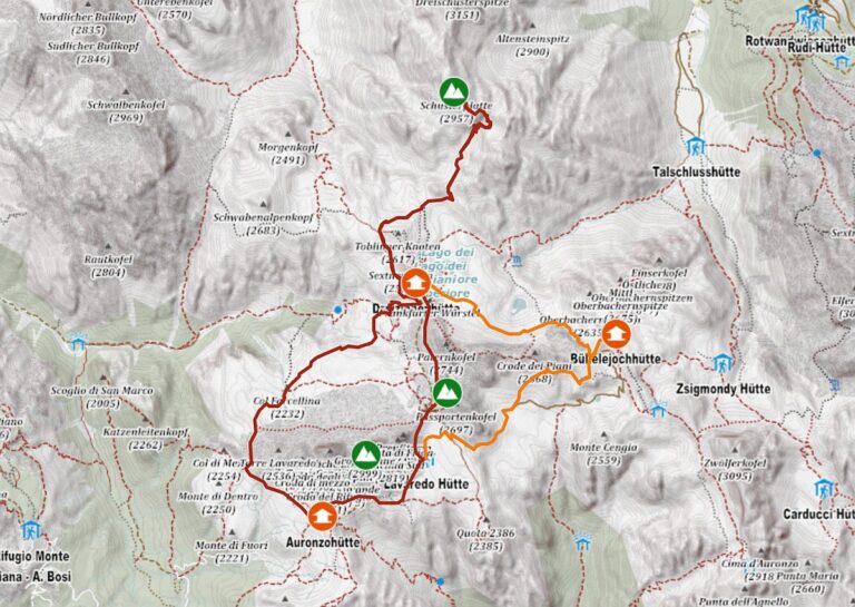 Karte und GPS-Track Drei Zinnen mit Hütten und Gipfeln Karte und GPS-Track Drei Zinnen mit Hütten und Gipfeln