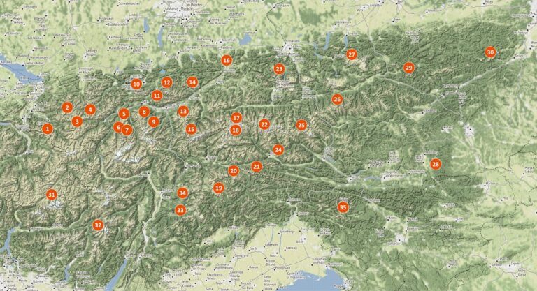 Hüttentouren in den Ostalpen Hüttentouren in den Ostalpen - alle Touren mit Tourennummer im jeweilgen Gebirge markiert