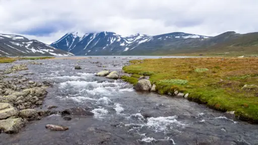 Bessvatnet und Bessfjellet im Jotunheimen-Nationalpark – Blick von der Bessa-Brücke Blick von der Brücke über die Bessa auf den Bessvatnet und die wolkenverhangenen Berge des Bessfjellet im Jotunheimen-Nationalpark.
