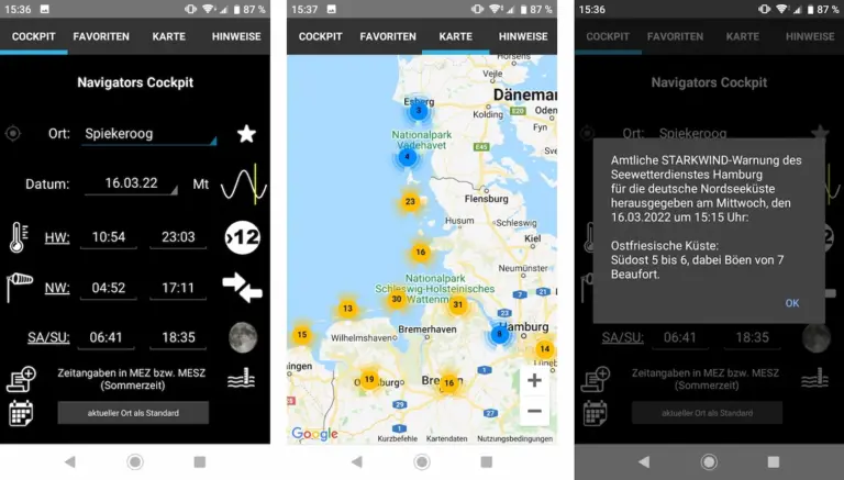 Wattpaddler: Cockpit, Karte, Wetterwarnung Wattpaddler: Cockpit, Karte, Wetterwarnung