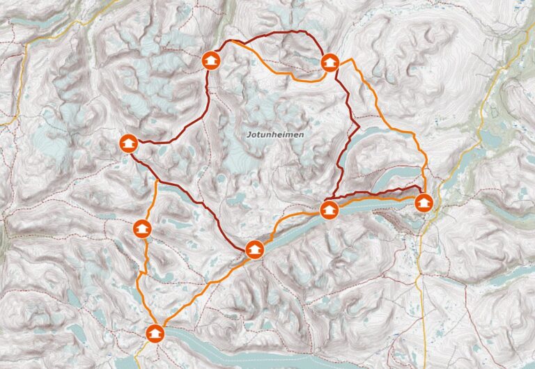 Karte und GPX-Track Jotunheimen Karte und GPX-Track Jotunheimen - mit typischen Routen und Varianten, inklusive den wichtigsten Hütten als Etappenziele