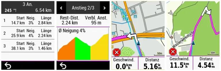 Höhenprofile der Strecke, Navigationsansichten