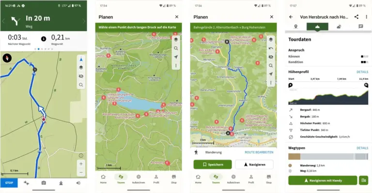 Komoot - Navigationsansicht, Wanderkarte, Planungsansicht, Routendetails