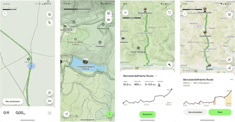 AllTrails - Navigationsansicht, Standardkarte, Planungsansicht, Planung mit Peak-Abo und Mapbox-Geländekarte