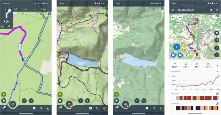 Locus Map 4 - Navigationsansicht, LoMaps-Karte, OpenAndroMaps-Karte, Planungsansicht