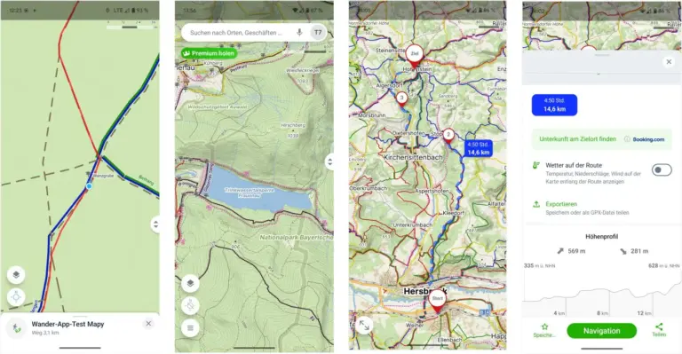 Mapy.com: Navigationsansicht, Wanderkarte, Planungsansichten