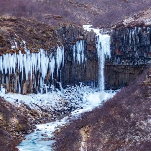 Svartifossim Winter Svartifoss vereist im Winter, Eiszapfen an Basaltsäulen
