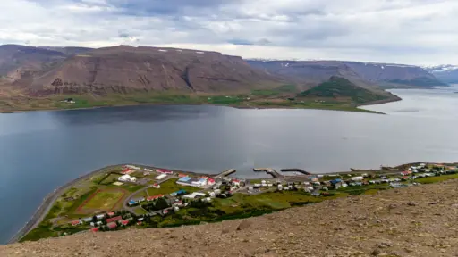 Þingeyri von oben Blick auf den Fischerort Þingeyri vom Gipfel des Sandafell