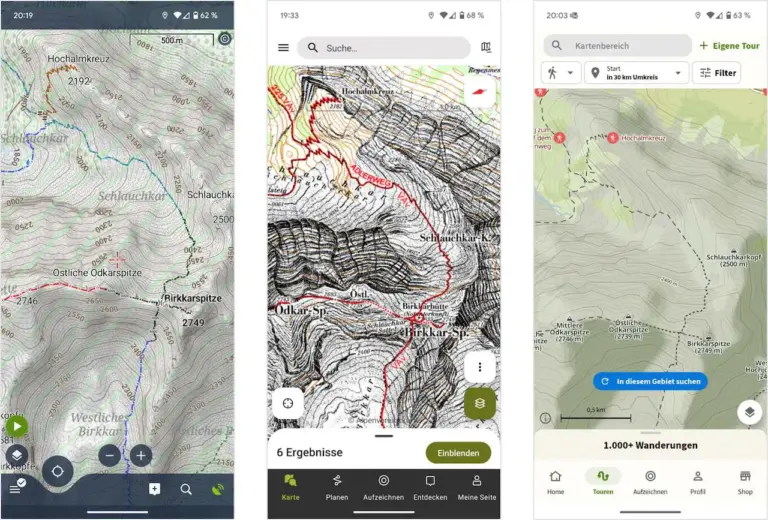 Kartenvergleich (v. l. n. r.): OpenAndroMaps in Locus Map 4; Alpenvereinskarte in Outdooractive; Komoot-Weltkarte