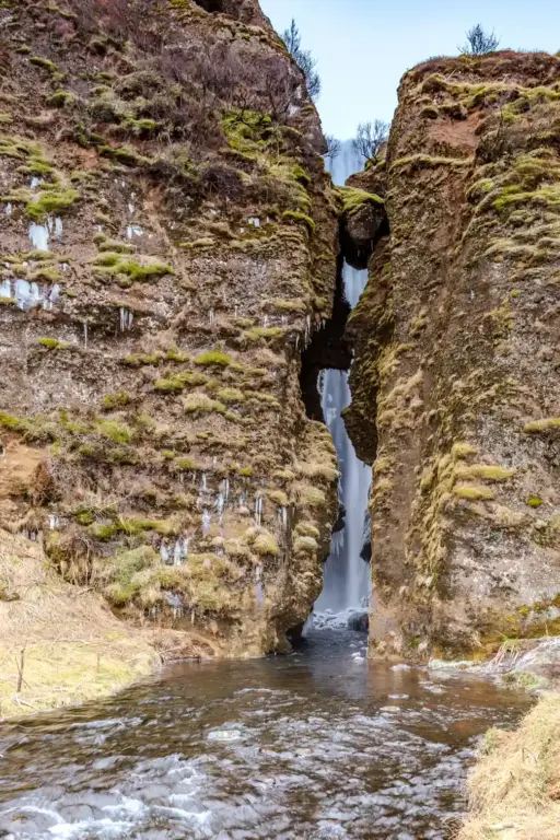 Der versteckte Wasserfall Gljúfrabúi Frontalansicht des Gljúfrabúi Wasserfalls in Island, der hinter einer engen, moosbewachsenen Felsspalte mit Eiszapfen verborgen liegt. Im Vordergrund fließt ein Bach aus der Schlucht.