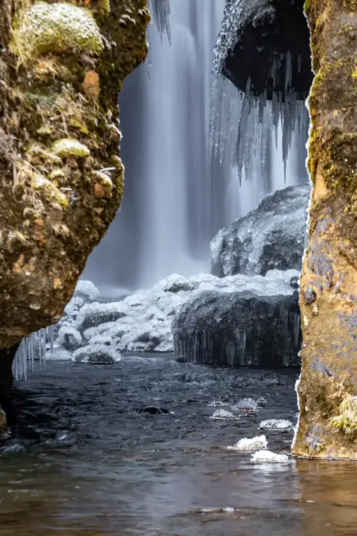 Eis und Gischt am Gljúfrabúi Detailaufnahme des Gljúfrabúi Wasserfalls im Winter. Im Vordergrund fließt dunkles Wasser zwischen Felsen, die mit dickem Eis und herabhängenden Eiszapfen bedeckt sind. Im Hintergrund ist das herabstürzende Wasser weichgezeichnet zu sehen.