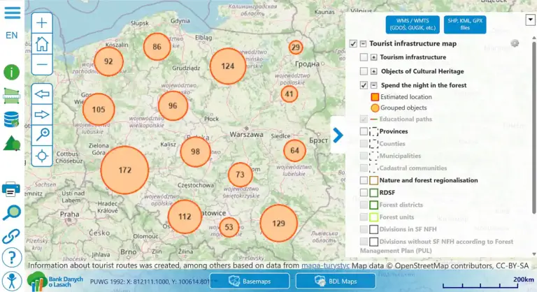 Karte der Waldgebiete zum Wildcampen in Polen Screenshot der Web-Karte von Polen mit angezeigten erlaubten Waldgebieten zum Wildcampen in Polen