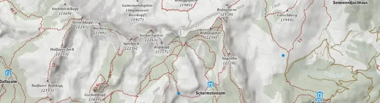 Kartenausschnitt mit POIs in einer auf OSM basierenden Wanderkarte Kartenausschnitt mit POIs in einer auf OSM basierenden Wanderkarte