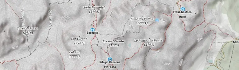 Kartenausschnitt mit unterschiedlicher Darstellung der Wege auf Basis der unterschiedlichen Wegekategorien Kartenausschnitt mit unterschiedlicher Darstellung der Wege auf Basis der unterschiedlichen Wegekategorien nach SAC-Klassifzierung; hier am Beispiel einer Etappe am Traumpfad München Venedig