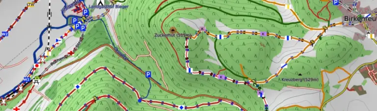 Wegmarkierungen in Nop's Reit- und Wanderkarte Screenshot der Reit- und Wanderkarte mit Darstellung der Wegmarkierungen