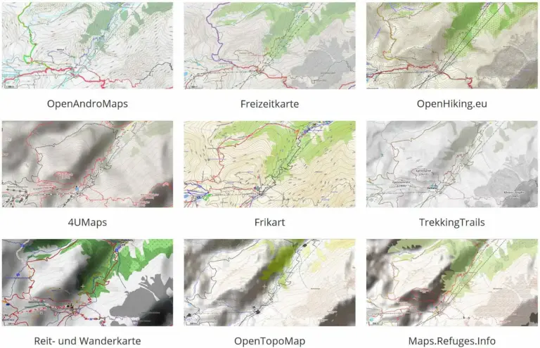 9 OSM-Wanderkarten im direkten Vergleich 9 verschiedene OSM-Wanderkarten im direkten Vergleich (OpenAndroMaps, Freizeitkarte, OpenHiking, 4UMaps, Frikart, TrekkingTrails, Reit- und Wanderkarte, OpenTopoMap, Maps.Refuges-Info)