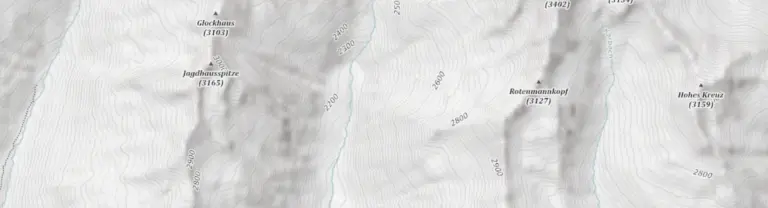 Höhenlinien, Gipfel, Gewässer und Geländeschattierung Kartenausschnitt mit Höhenlinien, Gipfeln, Gewässern und Geländeschattierung