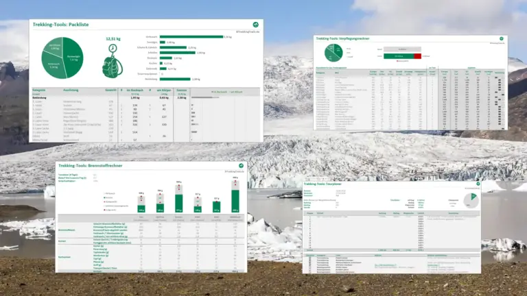 Vier Trekking-Tools als Excel-Vorlagen: Tourplaner, Packliste, Verpflegungs- und Brennstoffrechner vor Berglandschaft, zum Download.