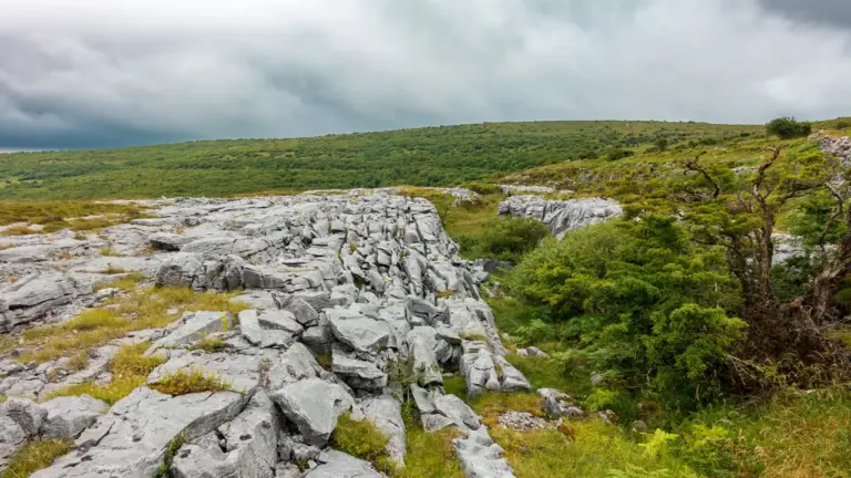 Karstlandschaft am Burren Way Karren am Burren Way mit dramatischen Wolkenhimmel