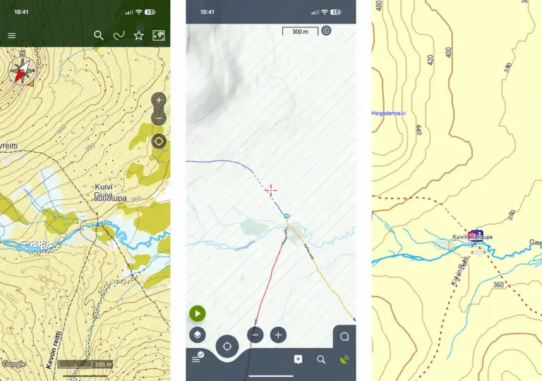 digitale Wanderkarten für Finnland Wanderkarten im Vergleich: detaillierte Topo-Karte von Maastokartta, OSM-Karten von OpenAndroMaps und Frikart