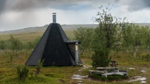 Kota Njávgoaivi bei Regen Eine traditionelle, schwarze Holzkota-Hütte mit Schornstein im finnischen Fjäll vor windschiefen Birken bie Regen.
