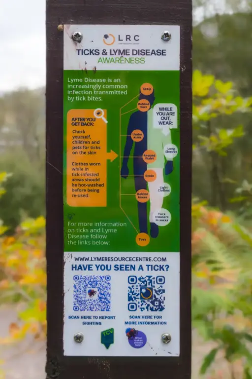 Borreliose-Warnschild am WHW in Schottland Hinweisschild mit Warnung vor Borreliose mit Verhaltenshinweisen (u.a. lange Kleidung, tägliches Prüfen auf Zeckenbisse etc.)