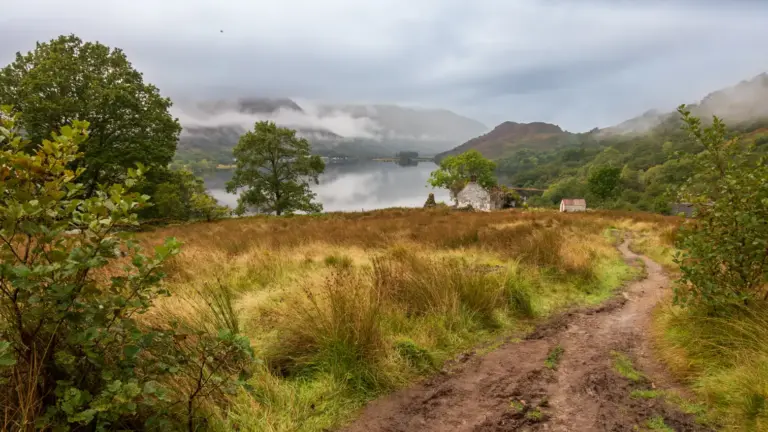 Ruinen nahe der Doune Byre Bothy Ein matschiger, brauner Wanderpfad schlängelt sich durch eine hügelige Graslandschaft mit Büschen, im Hintergrund steht eine weiße Hausruine an einem spiegelglatten See unter tiefen Nebelwolken.